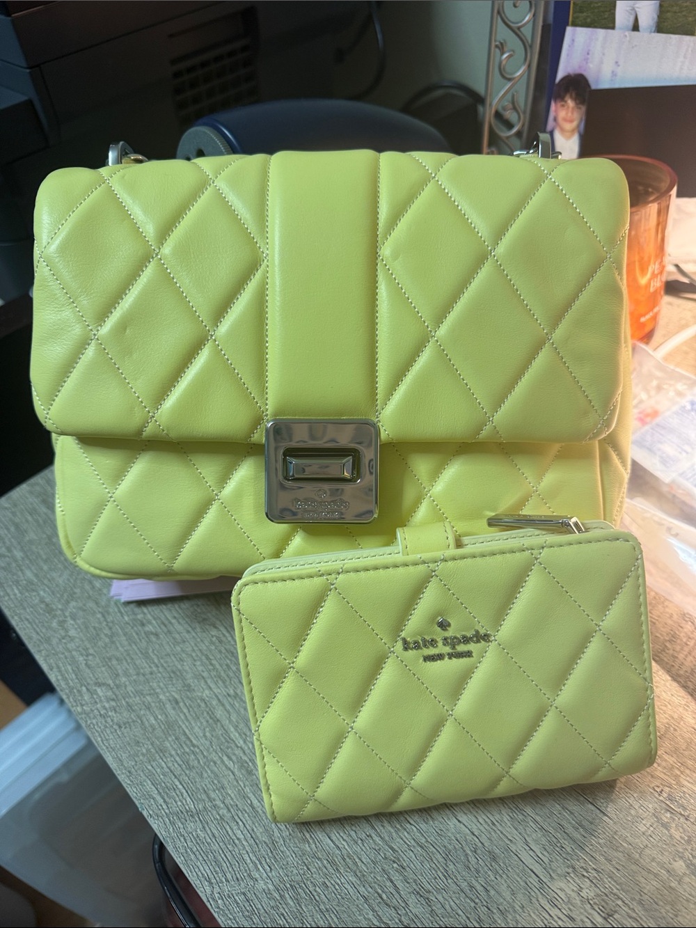 kate spade lime quilted leather crossbody bag with matching wallet